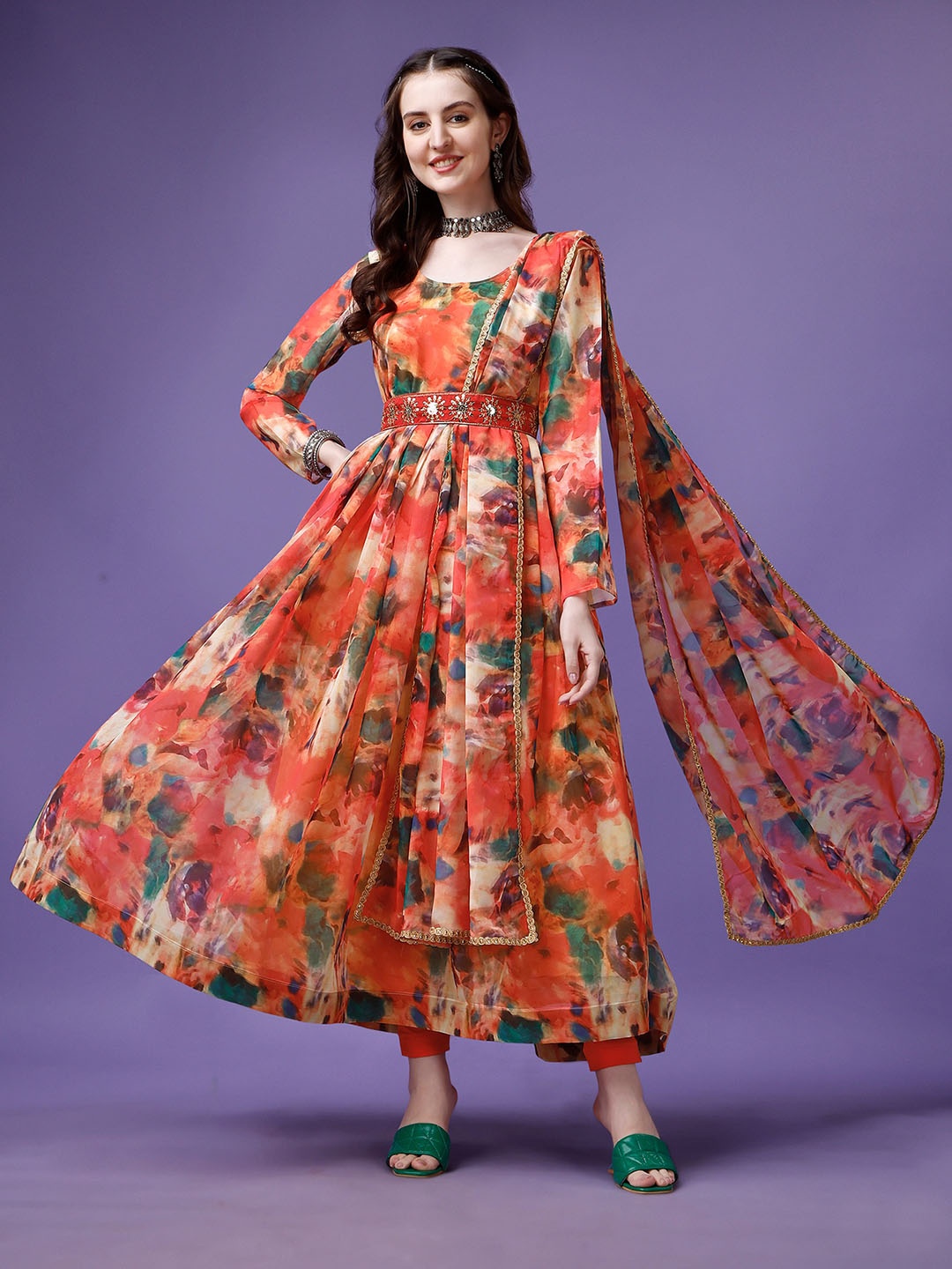 

Kedar Fab Abstract Printed Round Neck Sequined Anarkali Kurta & Dupatta, Red