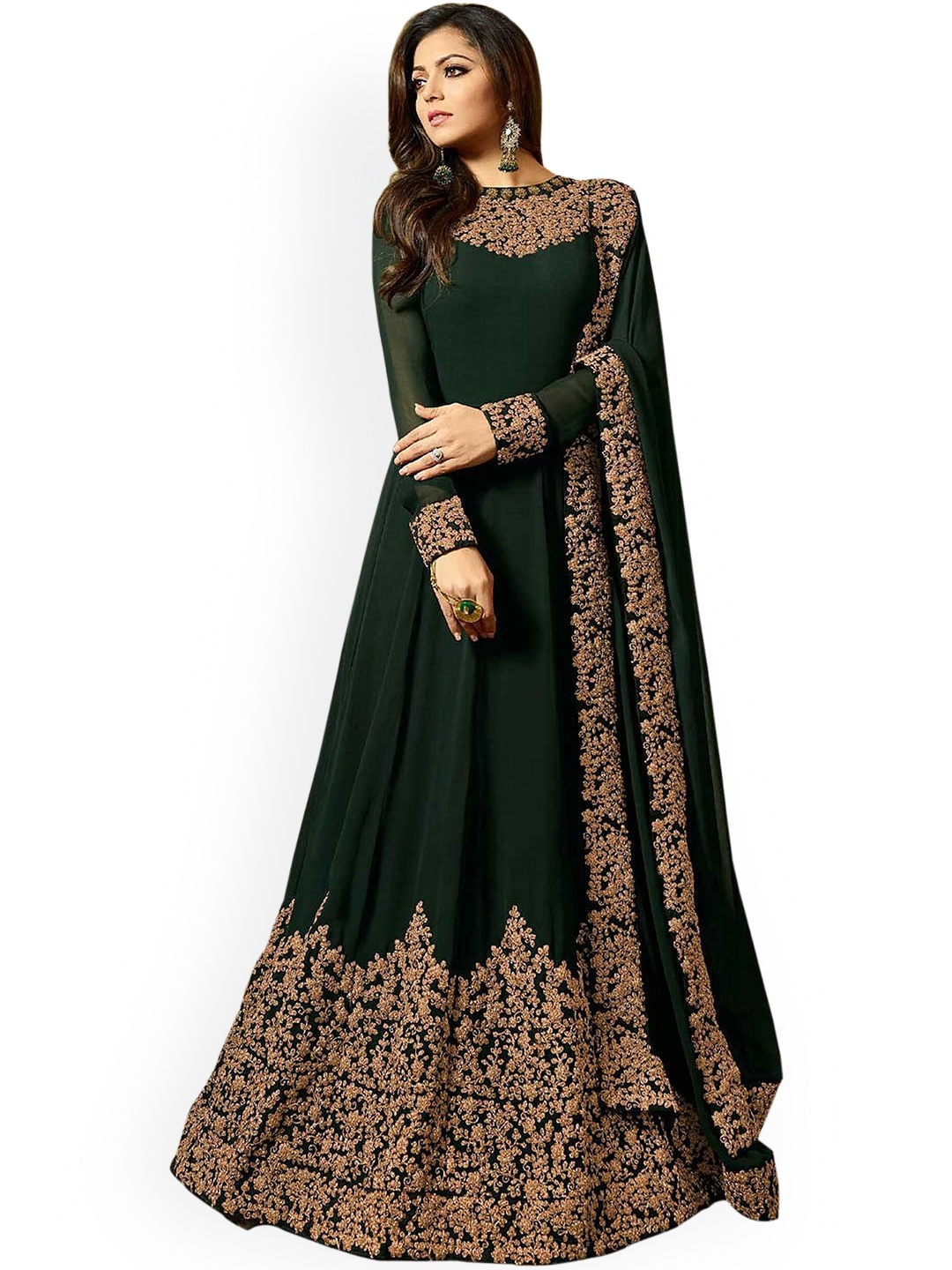 

Kedar Fab Ethnic Embroidered Long Sleeve Embellished Silk Maxi Ethnic Dress & Dupatta, Green