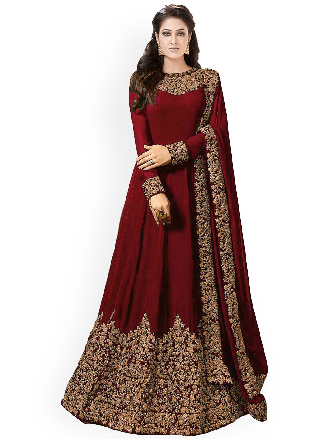 

Kedar Fab Ethnic Motifs Embroidered Silk Maxi Ethnic Dress With Dupatta, Maroon