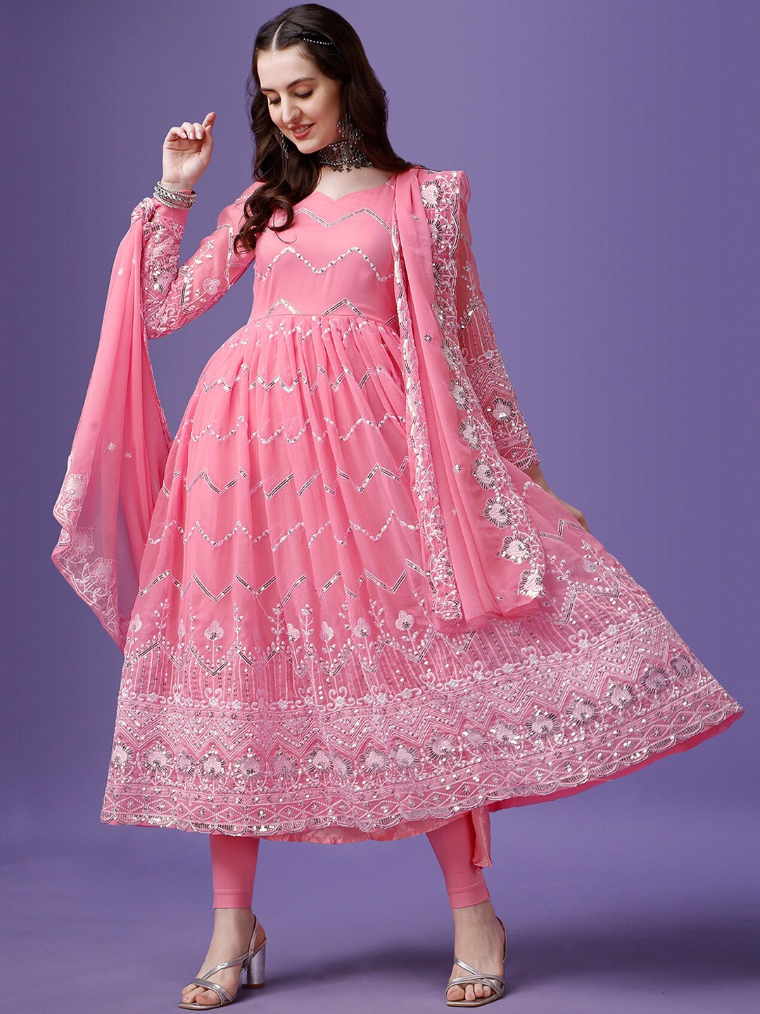 

Kedar Fab Embellished Sweetheart Neck Sequined Anarkali Kurta With Dupatta, Pink