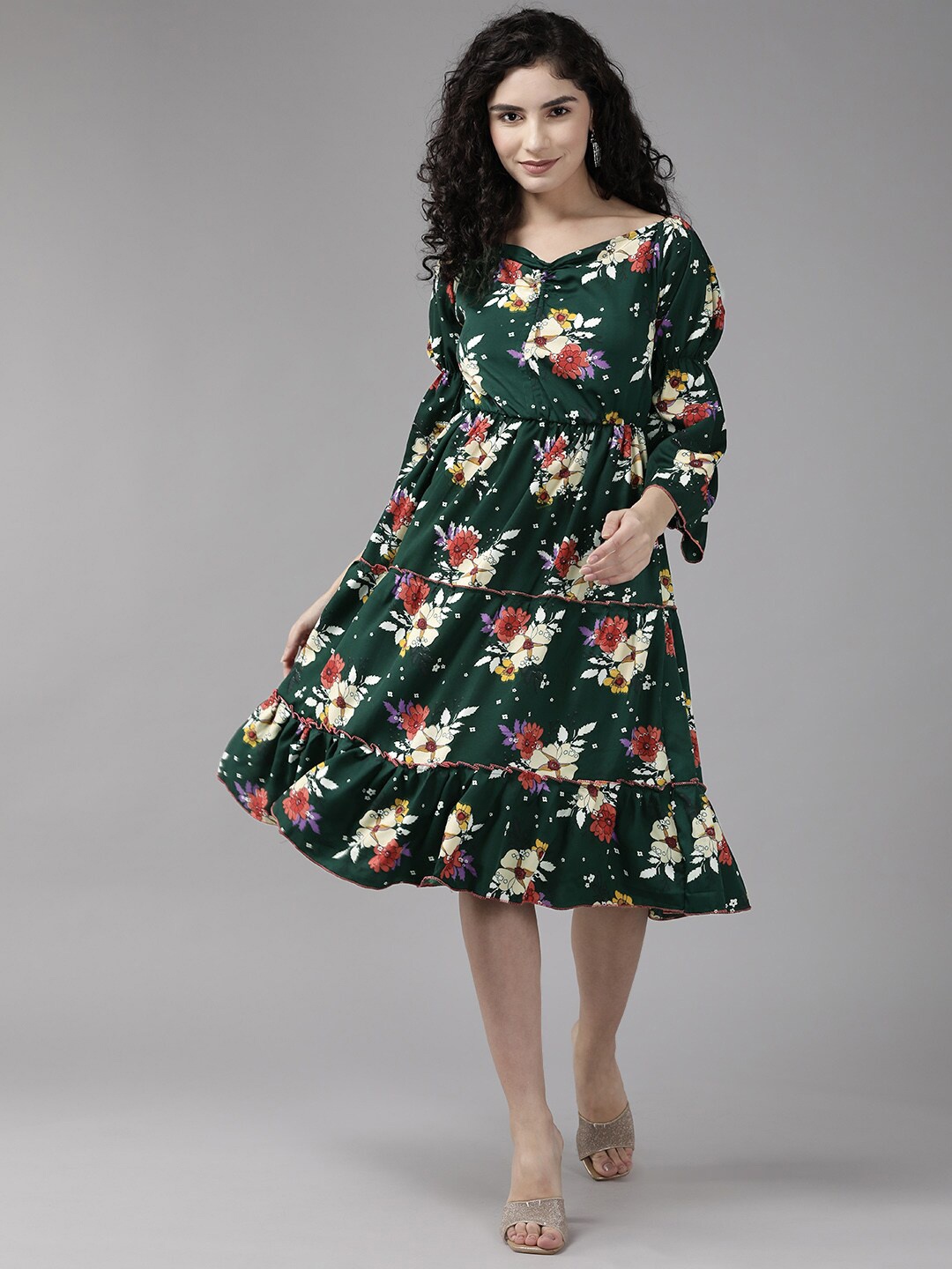 

BAESD Floral Printed V-Neck Puff Sleeve Tiered Fit & Flare Dress, Green
