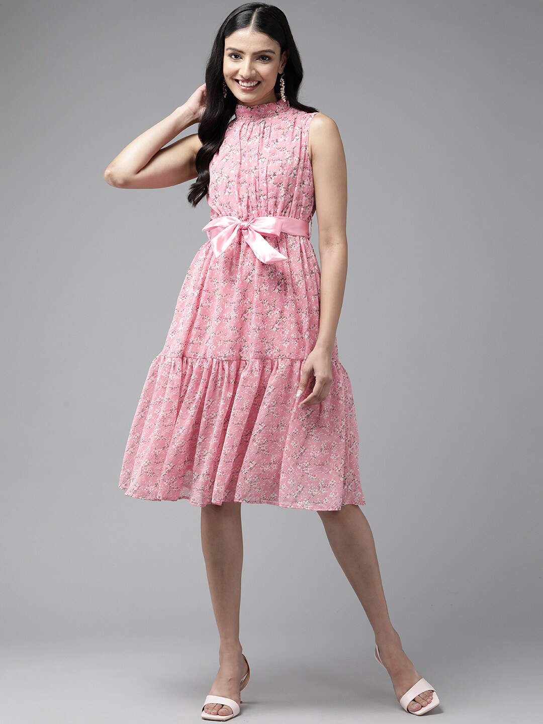 BAESD Floral Printed Belted Detailed High Neck A-Line Dress, Pink