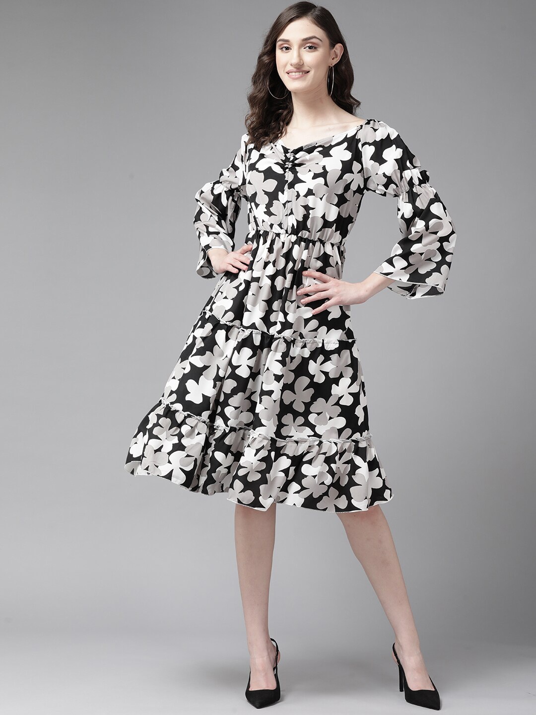 

BAESD Floral Print Puff Sleeve Georgette A-Line Midi Dress, Black