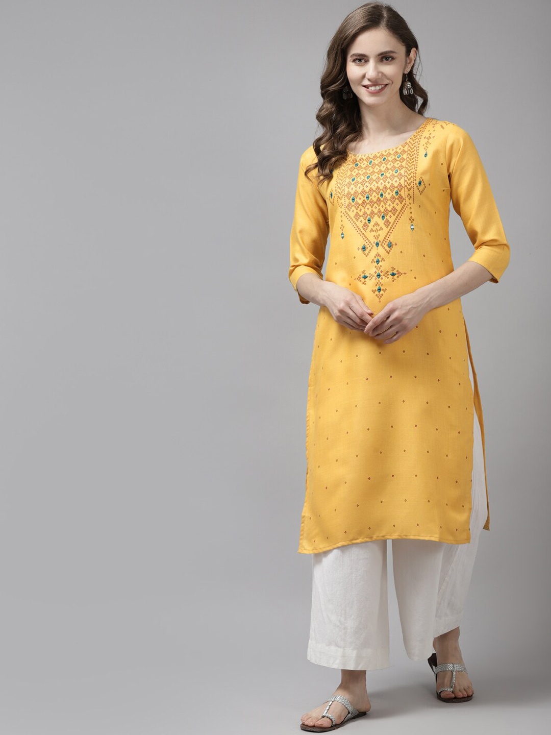 

BAESD Ethnic Motifs Printed Mirror Work Cotton Straight Kurta, Yellow