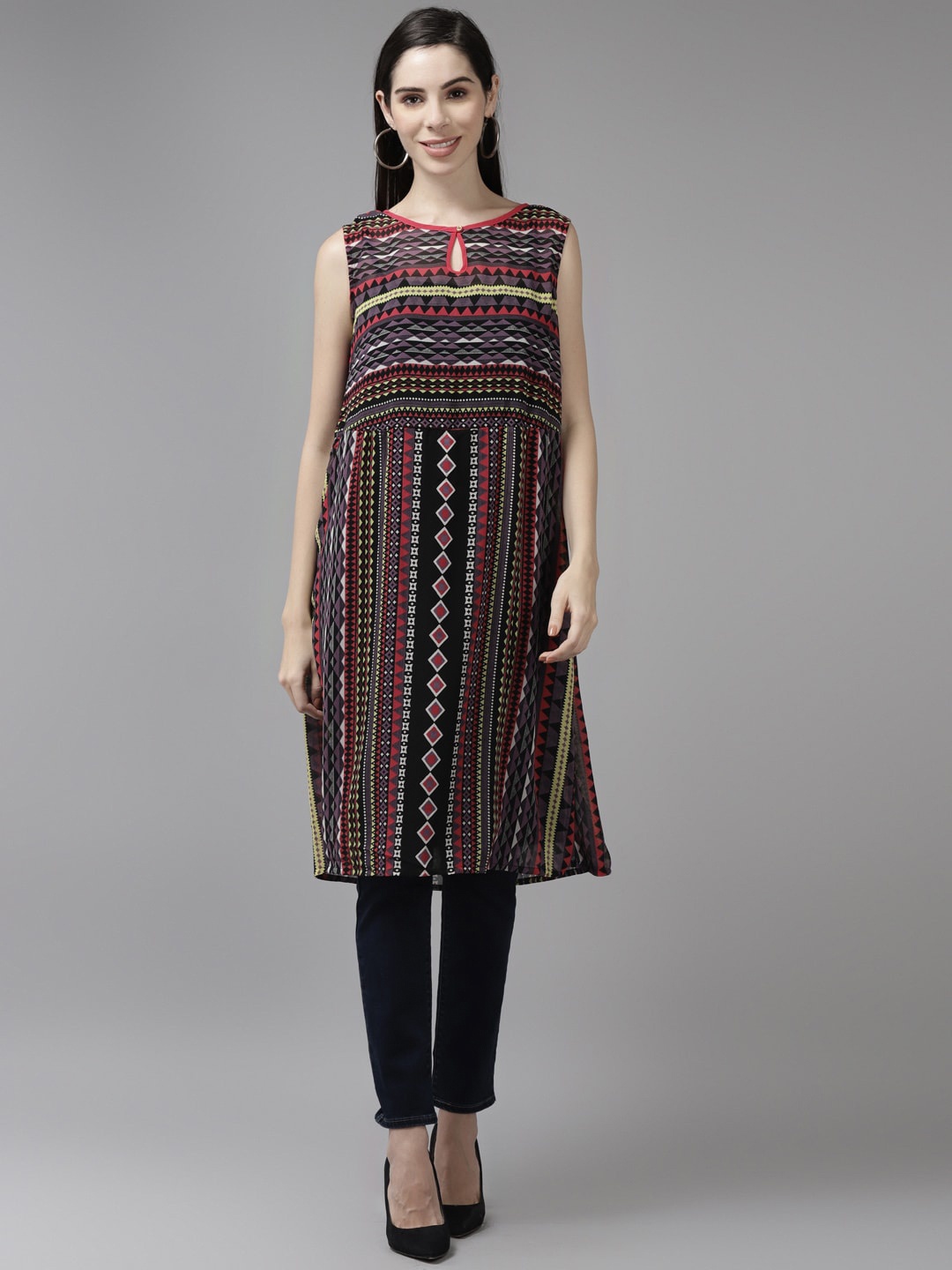 

BAESD Ethnic Motifs Printed Cotton Maxi Longline Top, Black