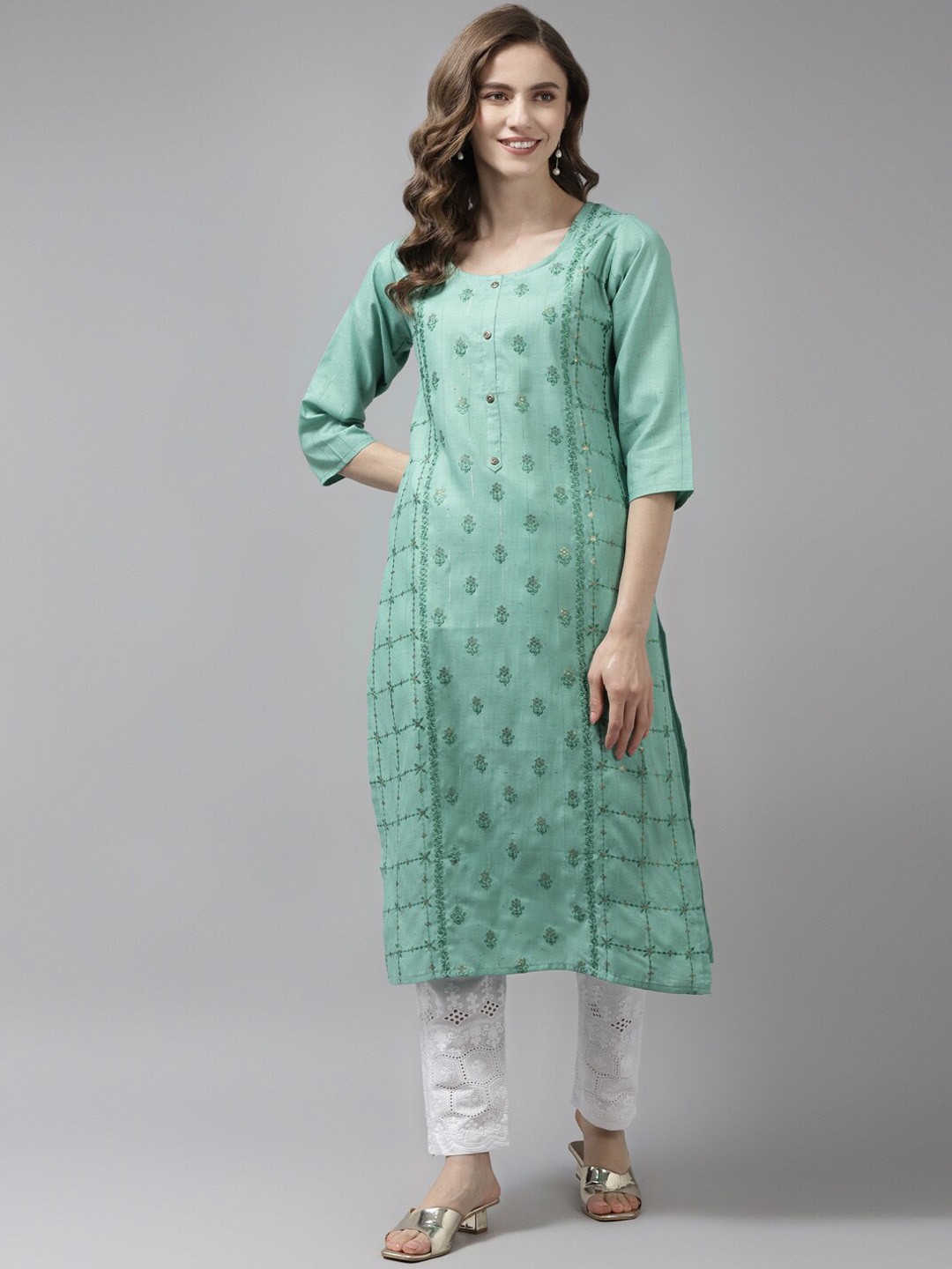 

BAESD Geometric Embroidered Sequinned Cotton Straight Kurta, Green