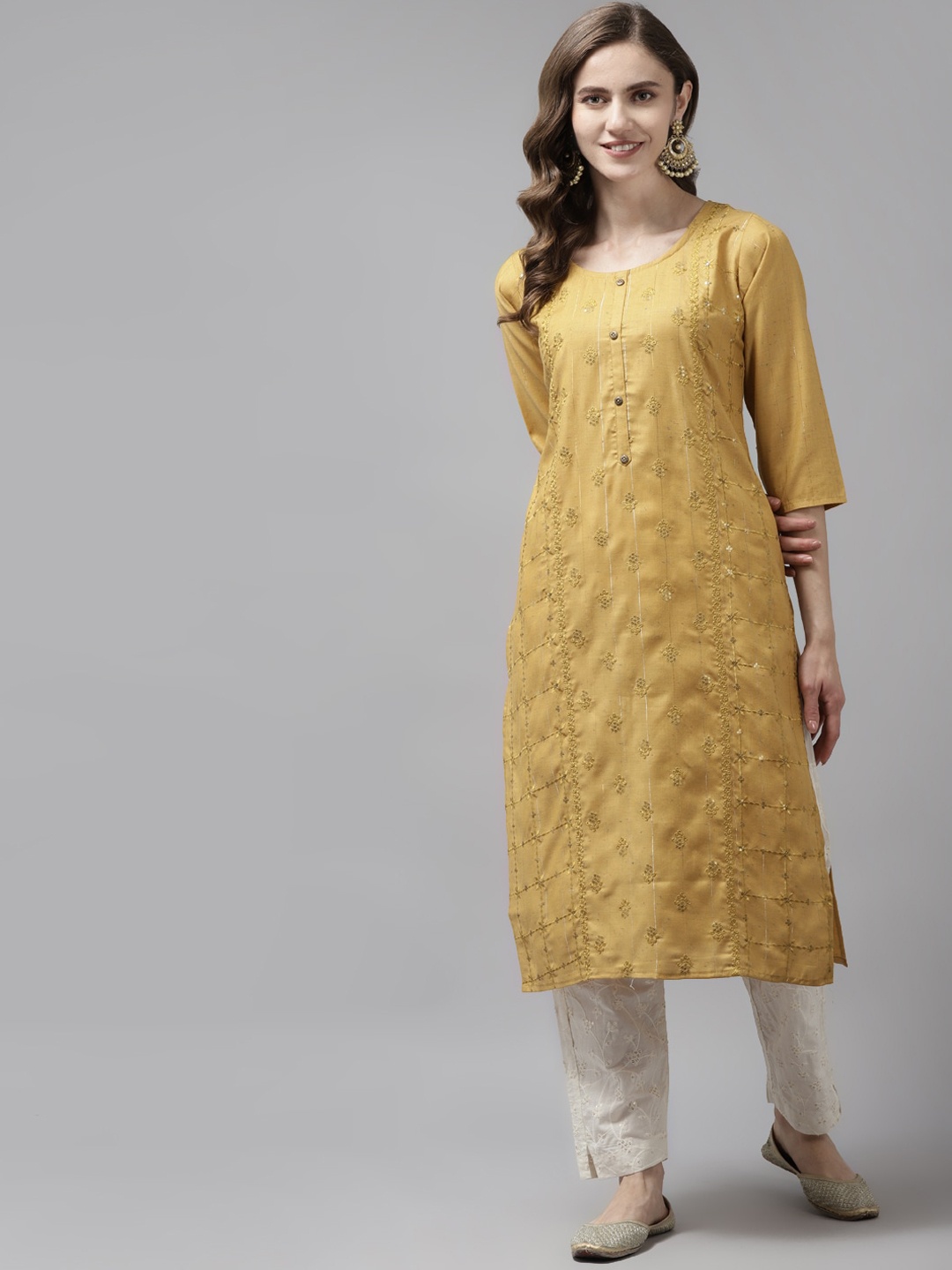 

BAESD Ethnic Motifs Embroidered Sequinned Cotton Kurta, Yellow
