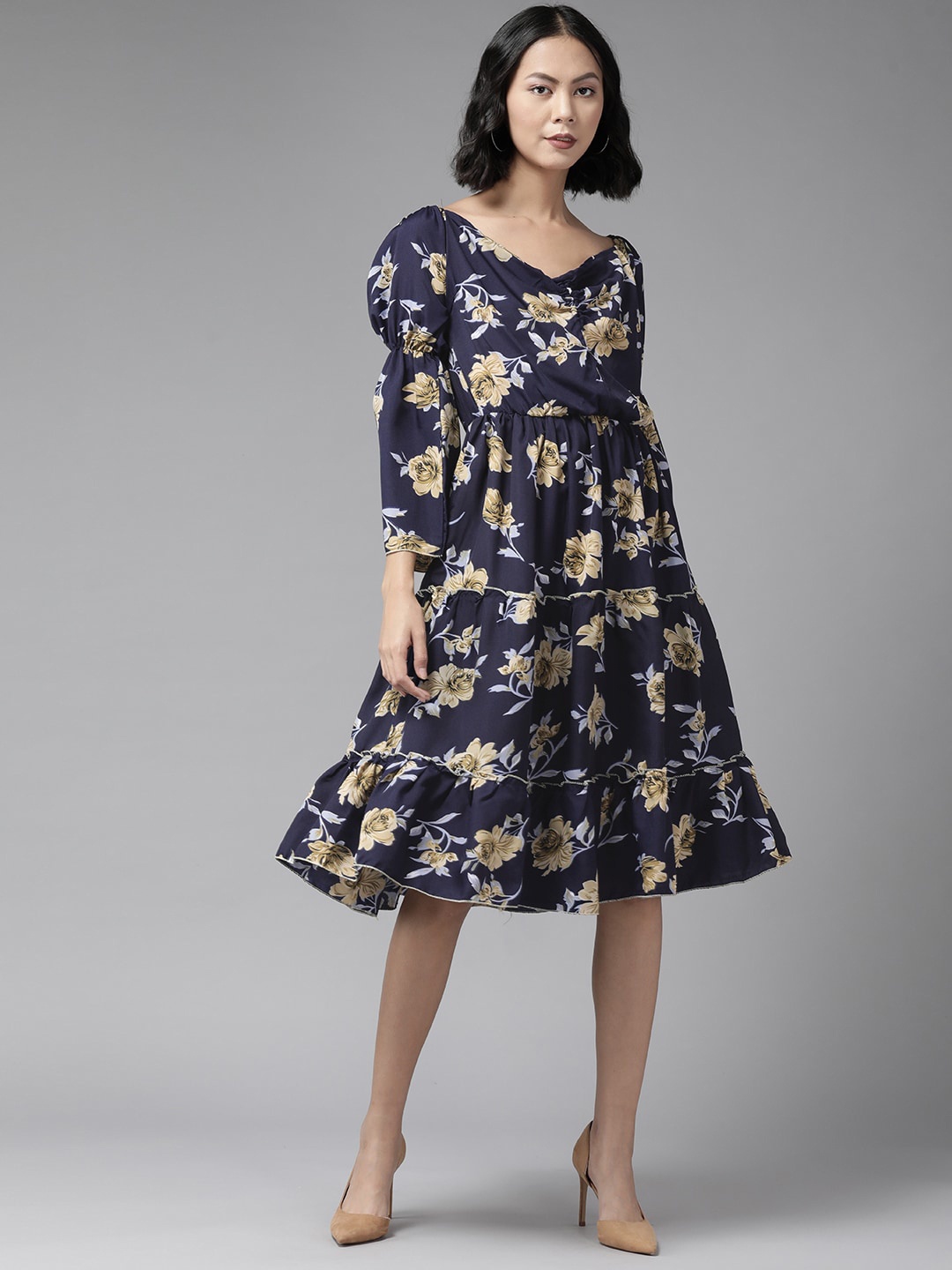 

BAESD Floral Printed Puff Sleeve Georgette Gathered Tiered Fit & Flare Midi Dress, Navy blue