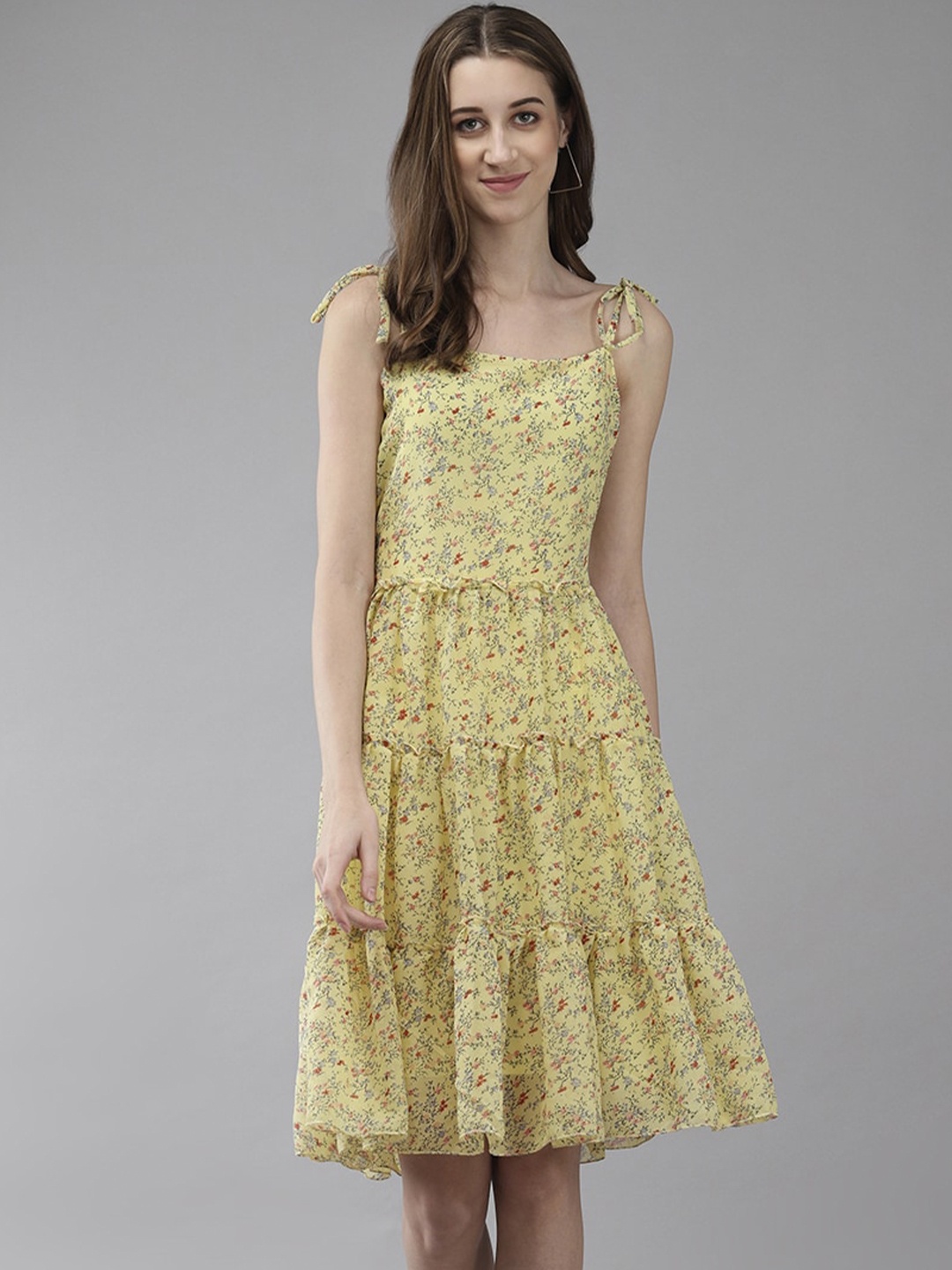 

BAESD Floral Printed Shoulder Straps Sleeveless Georgette Tiered Fit & Flare Dress, Yellow
