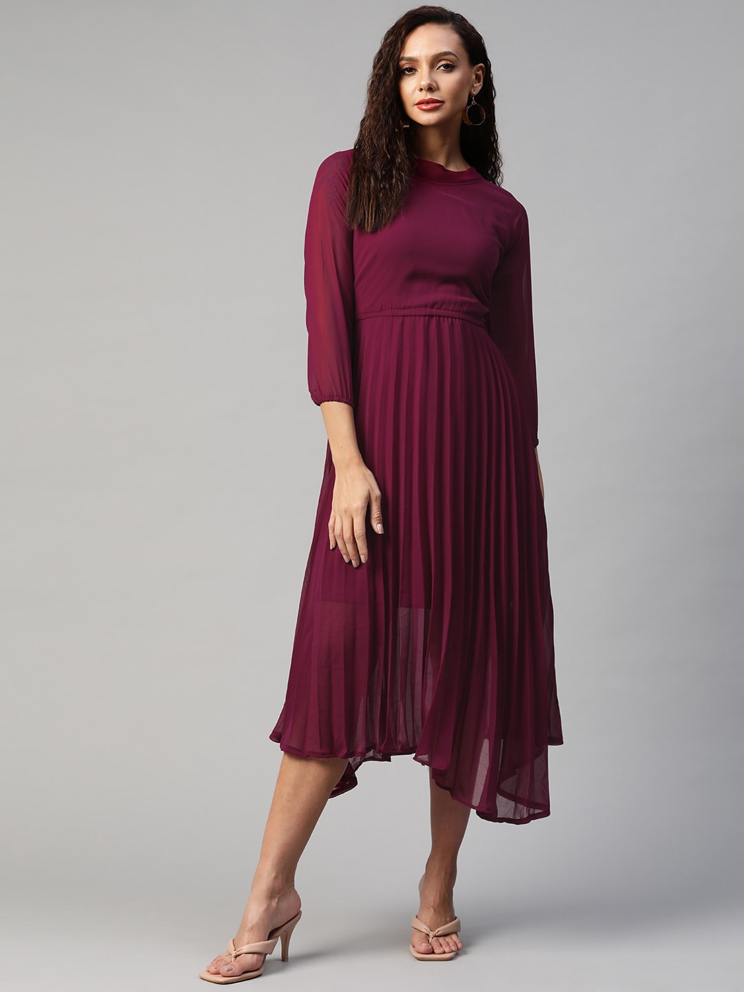 

BAESD Round Neck Puff Sleeves Georgette Pleated Fit and Flare Midi Dress, Burgundy