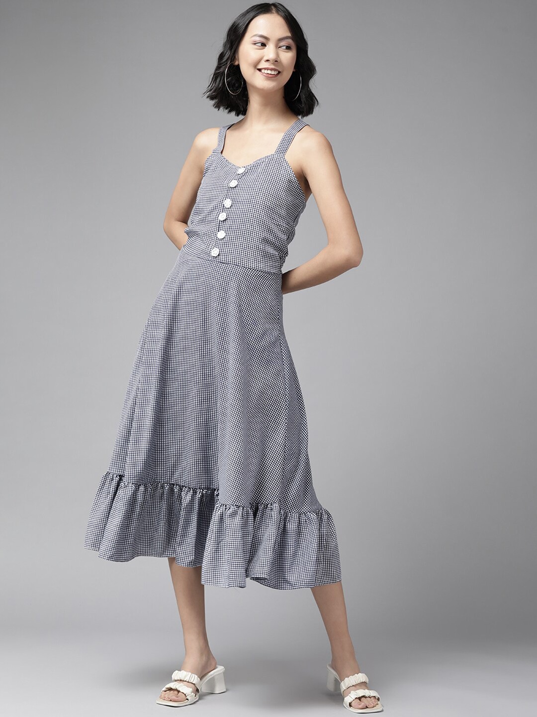 

BAESD Checked Georgette A-Line Midi Dress, Blue