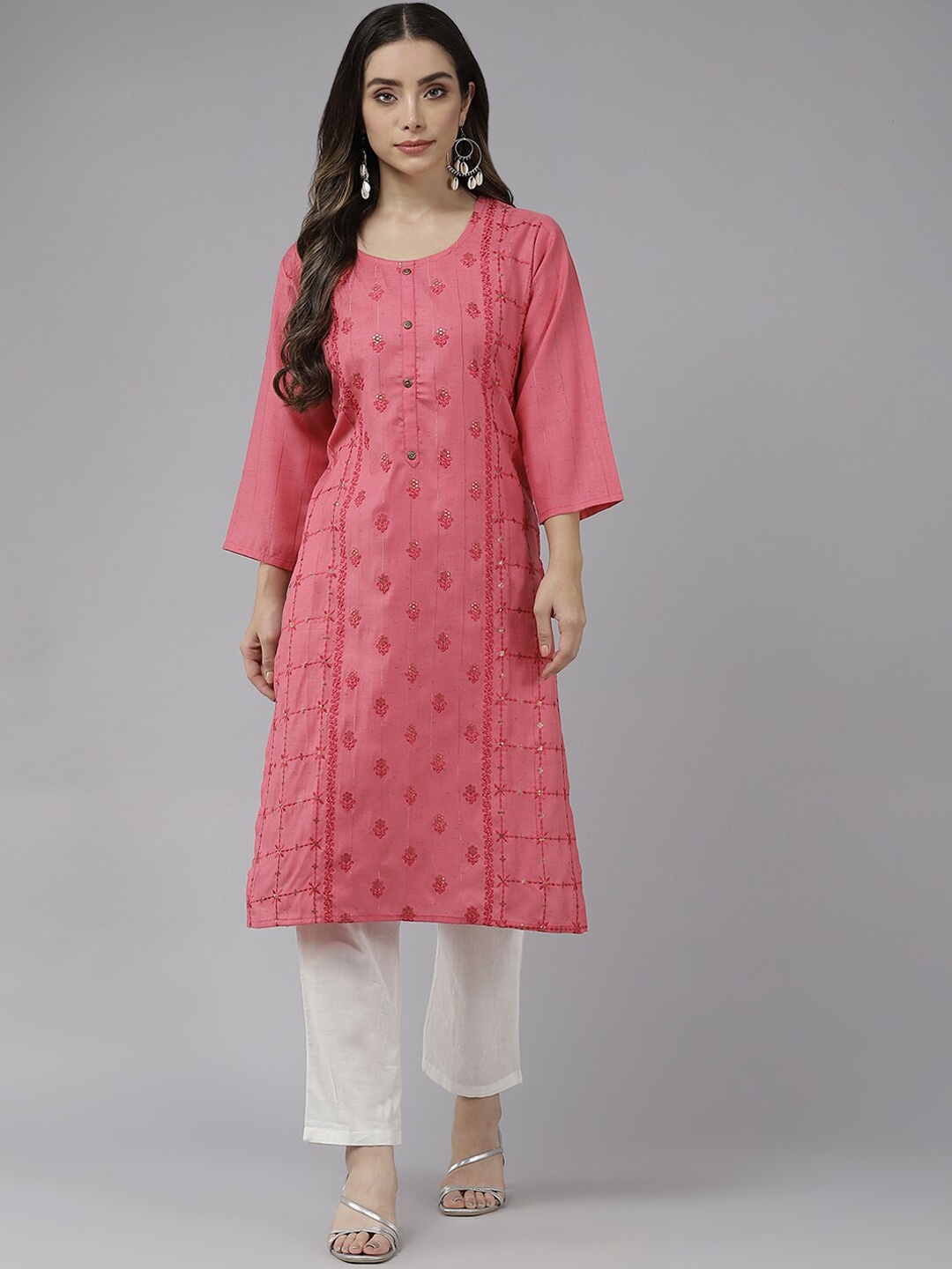 

BAESD Ethnic Motifs Embroidered Sequinned Straight Kurta, Pink