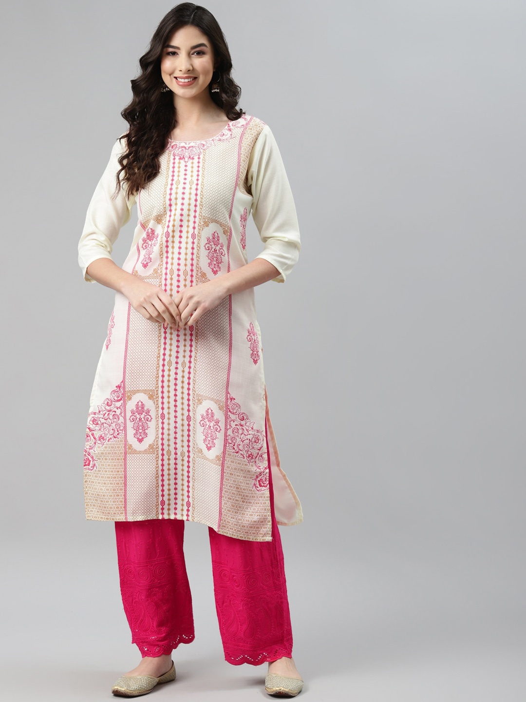 

BAESD Ethnic Motifs Printed Round Neck Straight Kurta, Cream