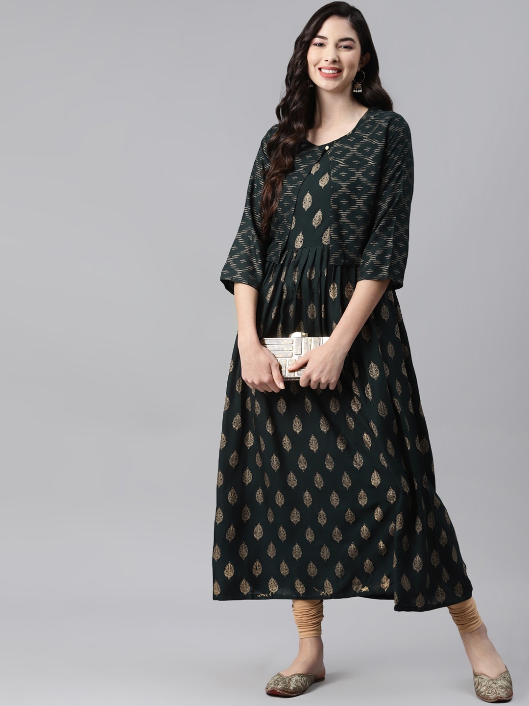

BAESD Ethnic Motifs Printed Anarkali Kurta With Jacket, Green