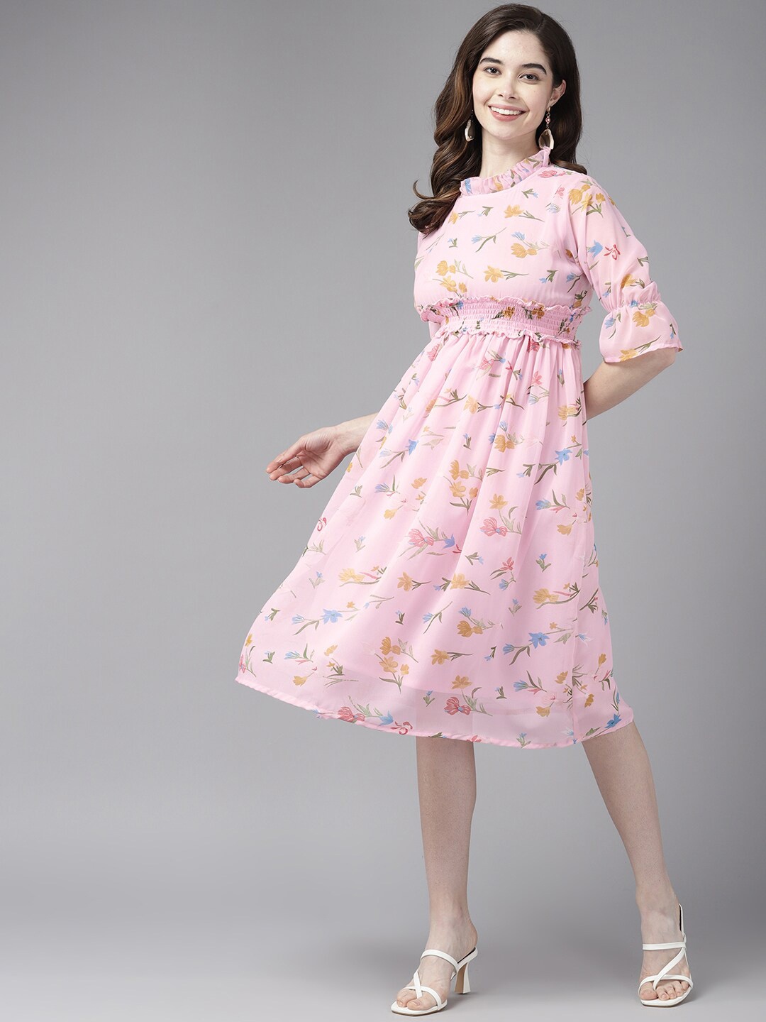 BAESD Floral Printed Bell Sleeve Fit & Flare Dress, Pink