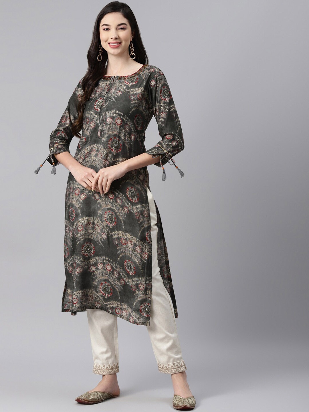

BAESD Floral Printed Beads & Stones Straight Kurta, Grey