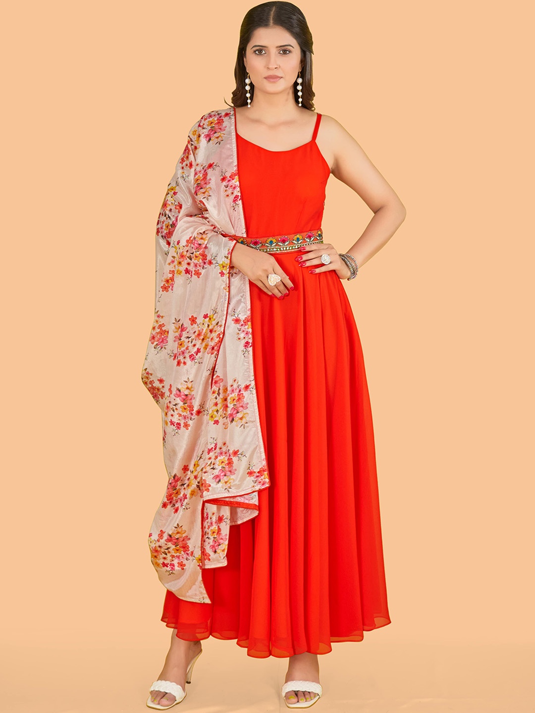 

CHANSI Georgette Belted Maxi Ethnic Gown With Dupatta, Orange