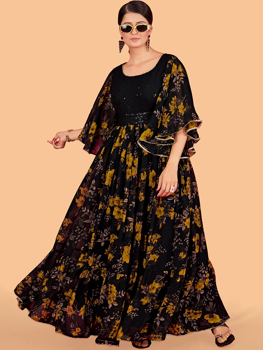 

CHANSI Floral Printed Flared Sleeves Maxi Georgette Gown Ethnic Dress, Black