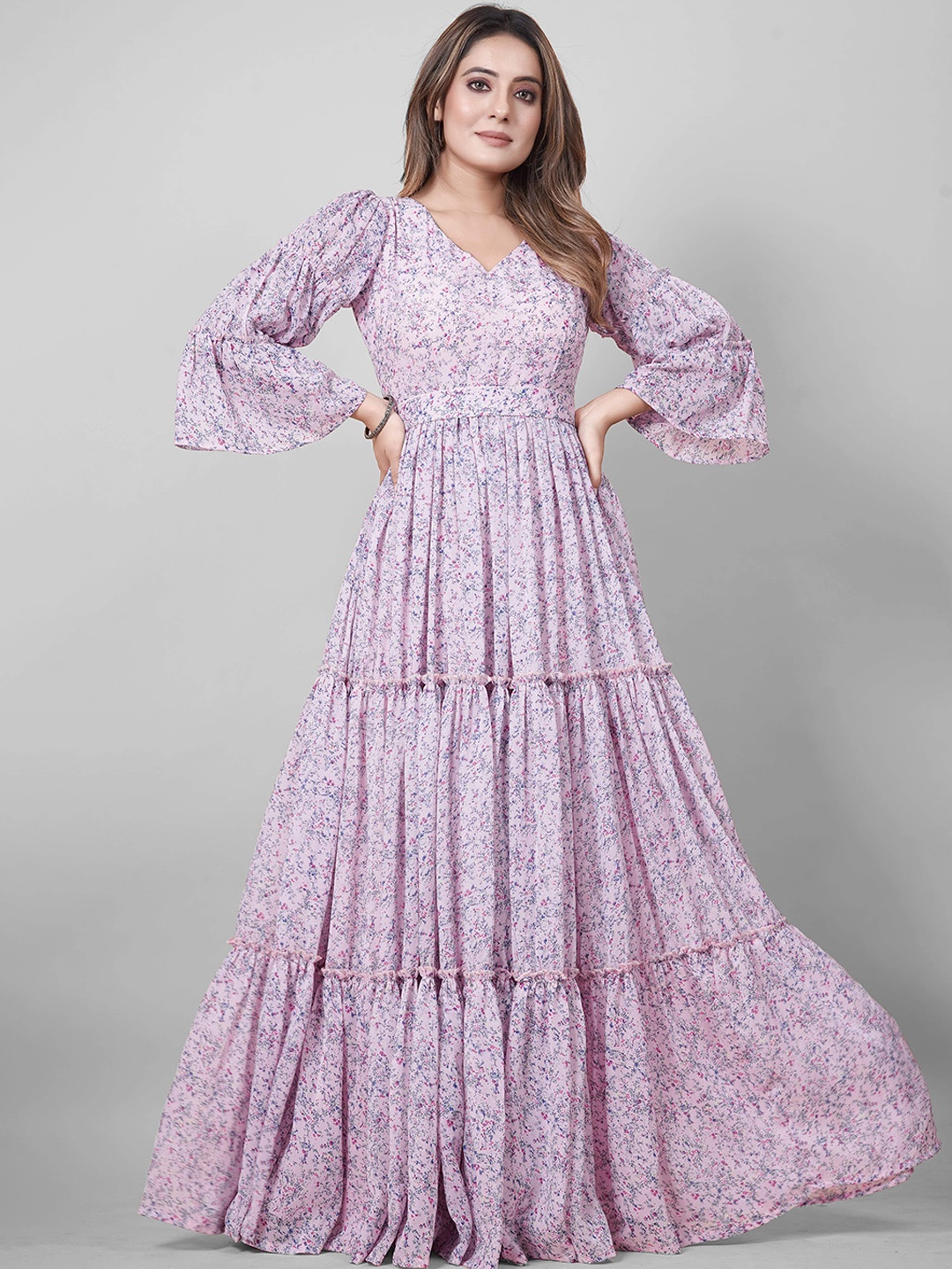 

CHANSI Floral Printed Bell Sleeves Georgette Fit & Flare Dress, Lavender
