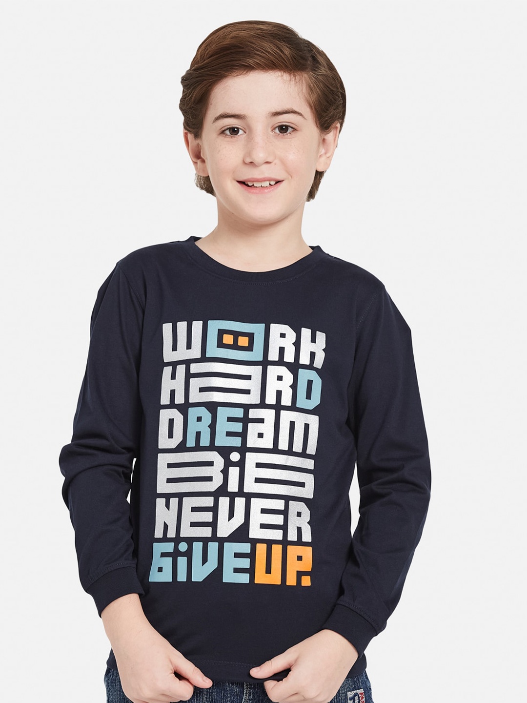 

Octave Boys Typography Printed Long Sleeves Cotton T-shirt, Navy blue