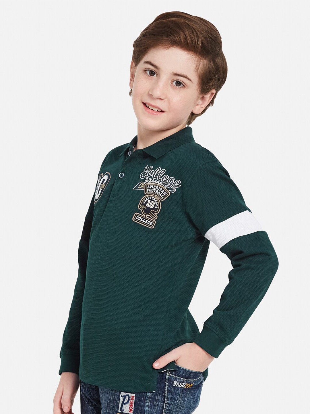 

Octave Boys Typography Printed Polo Collar Long Sleeves Cotton T-shirt, Green