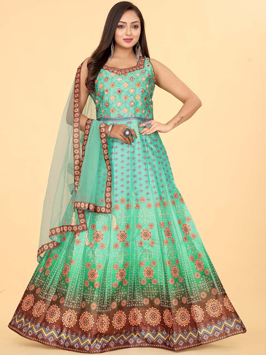 

EthnicTree Printed Silk Maxi Gown With Dupatta, Green