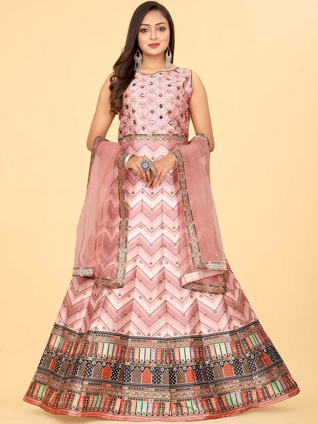 

EthnicTree Printed Silk Maxi Gown With Dupatta, Pink