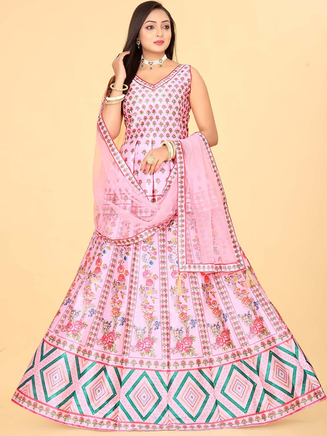 

EthnicTree Printed V-Neck Silk Maxi Gown With Dupatta, Pink