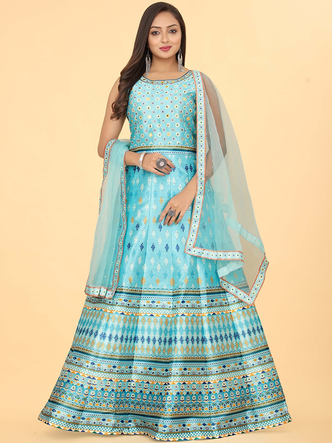

EthnicTree Self Design Silk Maxi Gown Ethnic Dress With Dupatta, Blue