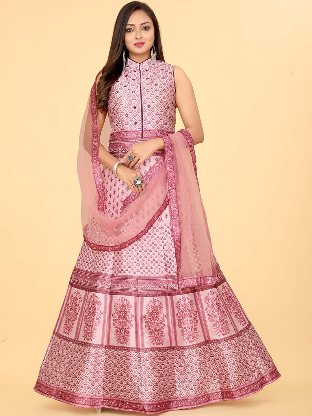 

EthnicTree Ethnic Motif Printed Silk Maxi Gown Ethnic Dress With Dupatta, Pink