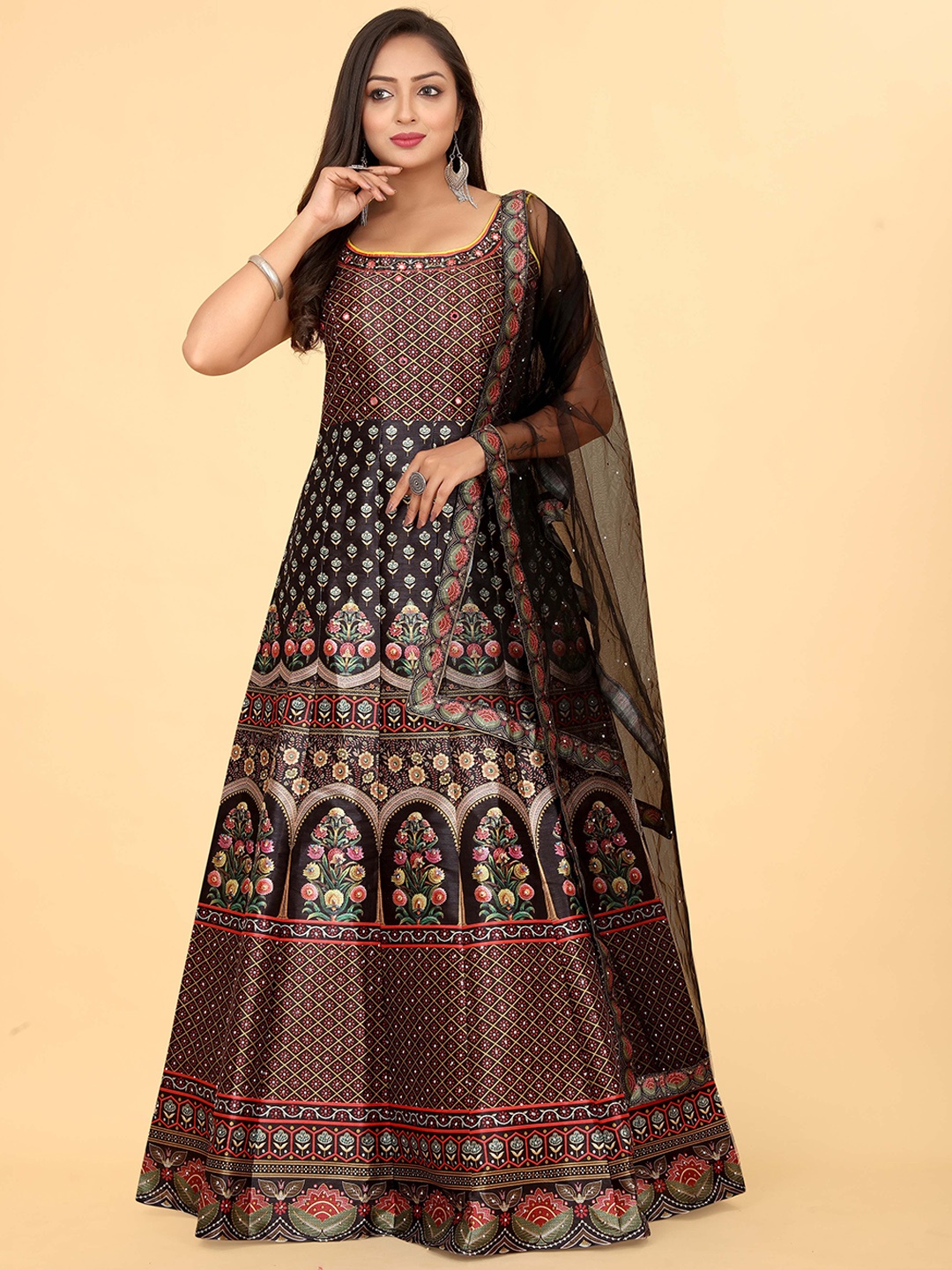 

EthnicTree Floral Printed Silk Maxi Gown Ethnic Dress With Dupatta, Black