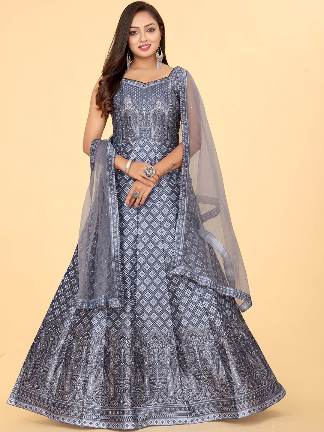 

EthnicTree Ethnic Motifs Printed Embellished Silk Fit & Flare Ethnic Dress With Dupatta, Grey