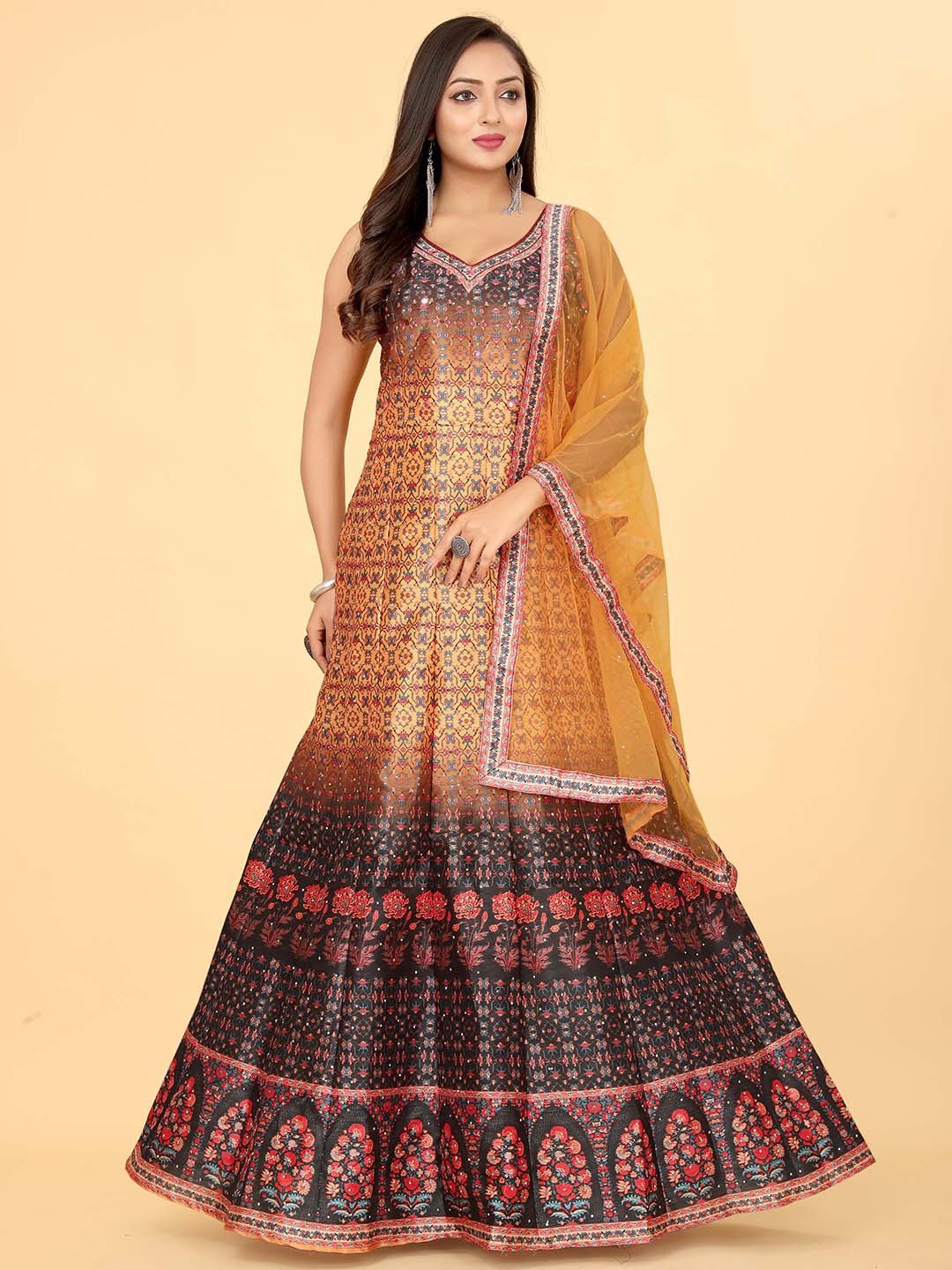 

EthnicTree Ethnic Motif Printed Silk Maxi Gown Ethnic Dress With Dupatta, Brown