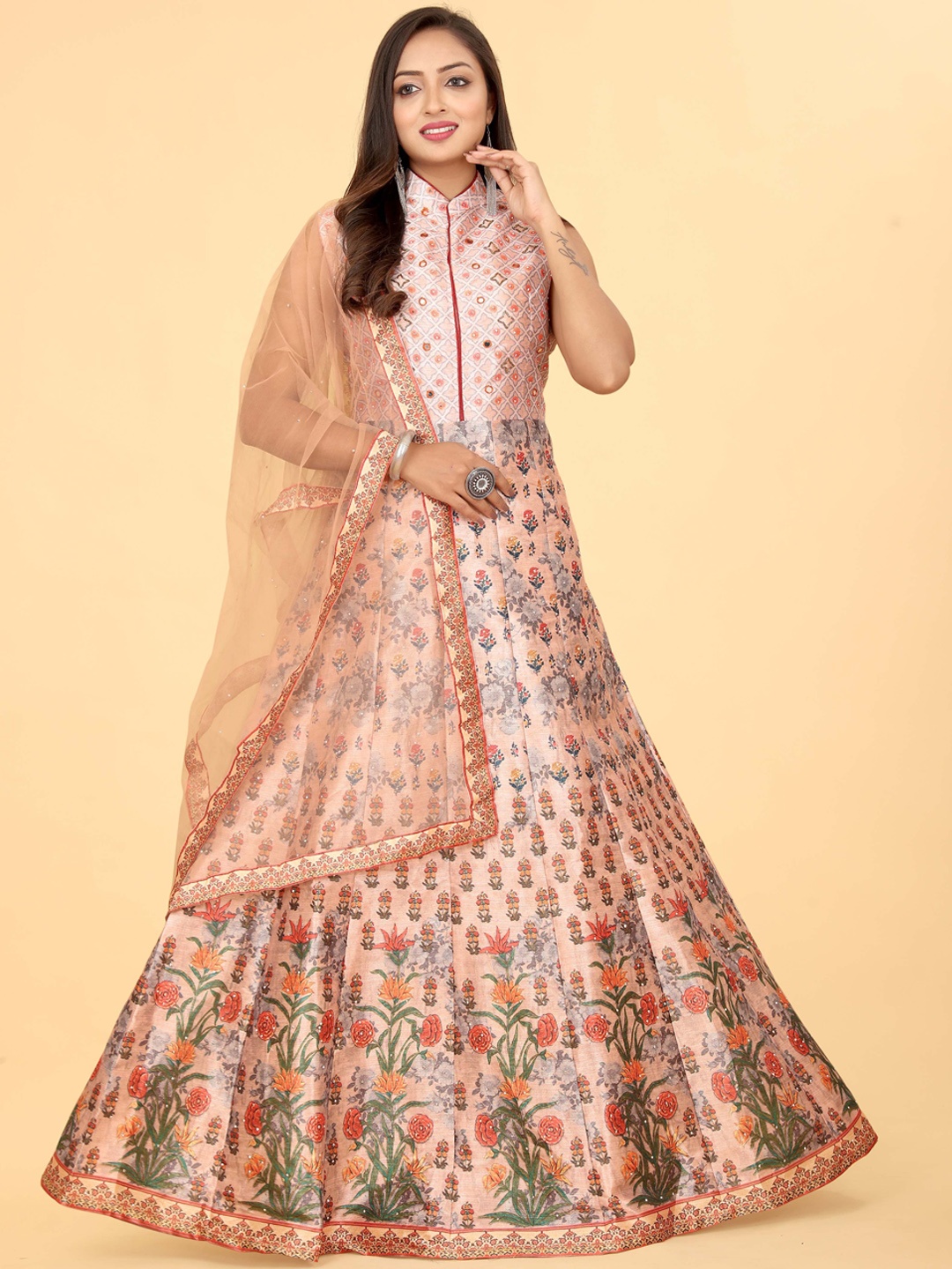 

EthnicTree Floral Printed Silk Maxi Gown Ethnic Dress With Dupatta, Peach