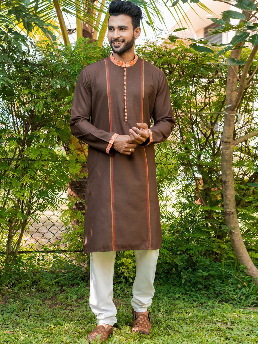 

HU - Handcrafted Uniquely Thread Work Mandarin Collar Straight Kurta, Brown