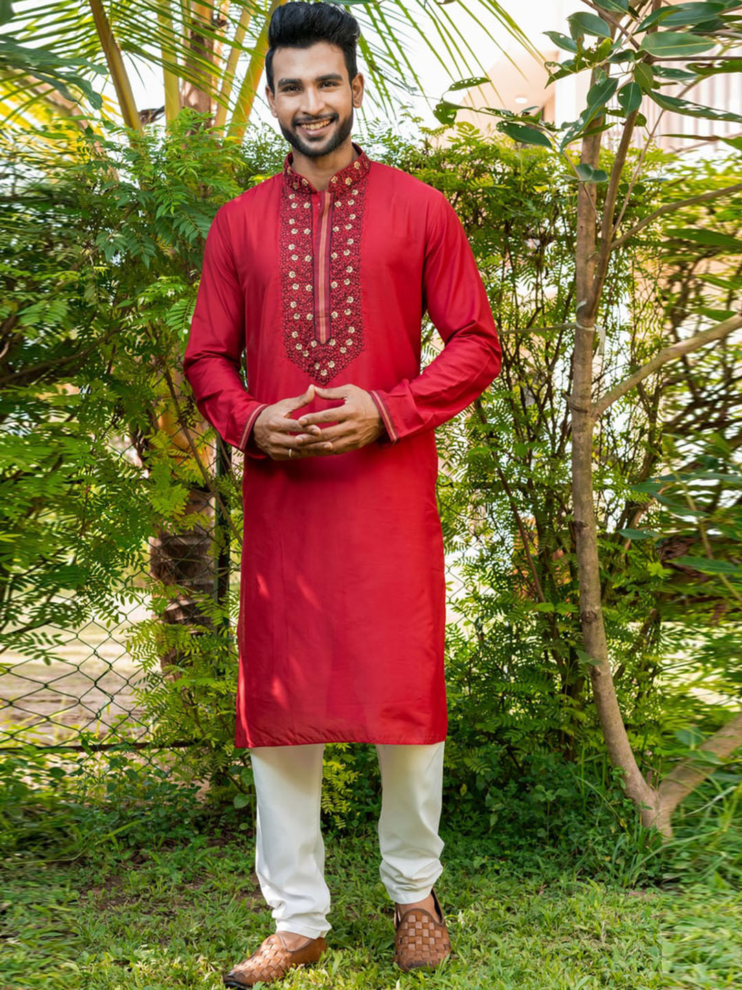 

HU - Handcrafted Uniquely Floral Embroidered Cotton Silk Straight Kurta, Red