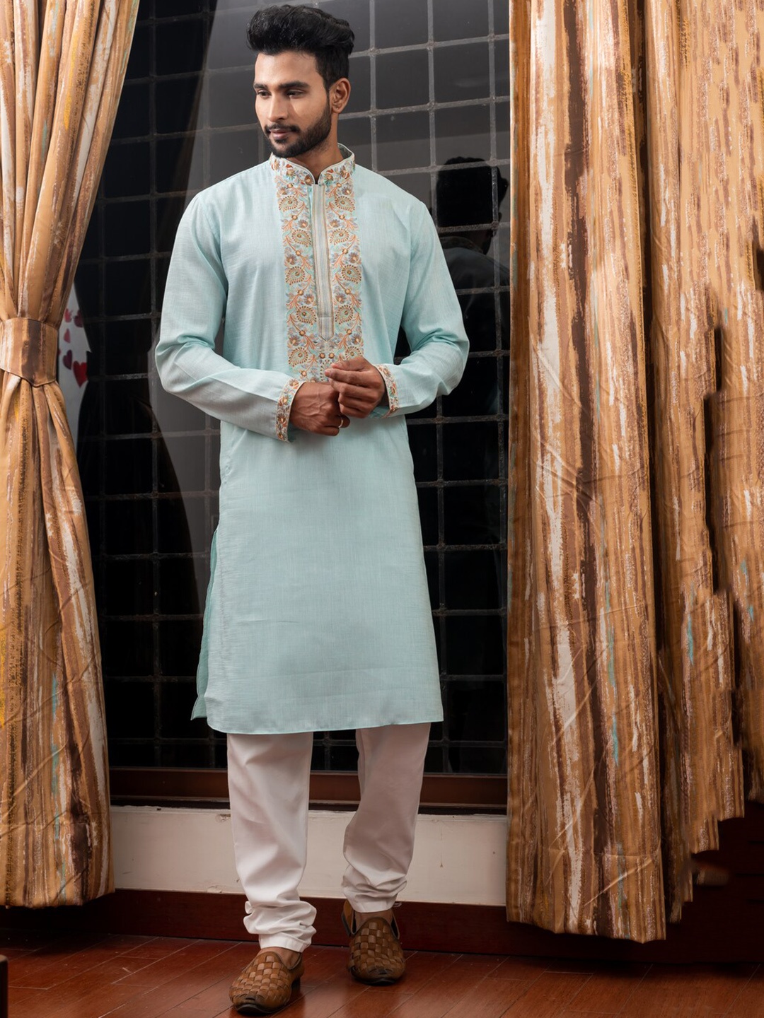 

HU - Handcrafted Uniquely Ethnic Motifs Embroidered Linen Cotton Straight Kurta, Blue