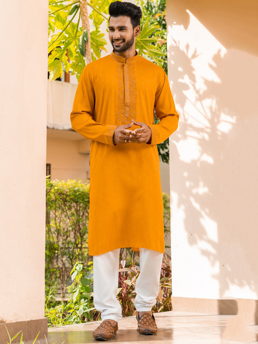 

HU - Handcrafted Uniquely Ethnic Motifs Embroidered Straight Dobby Kurta, Mustard