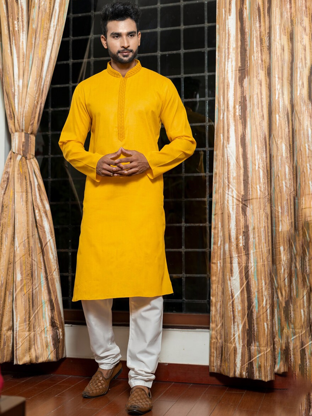 

HU - Handcrafted Uniquely Mandarin Collar Thread Work Straight Kurta, Yellow