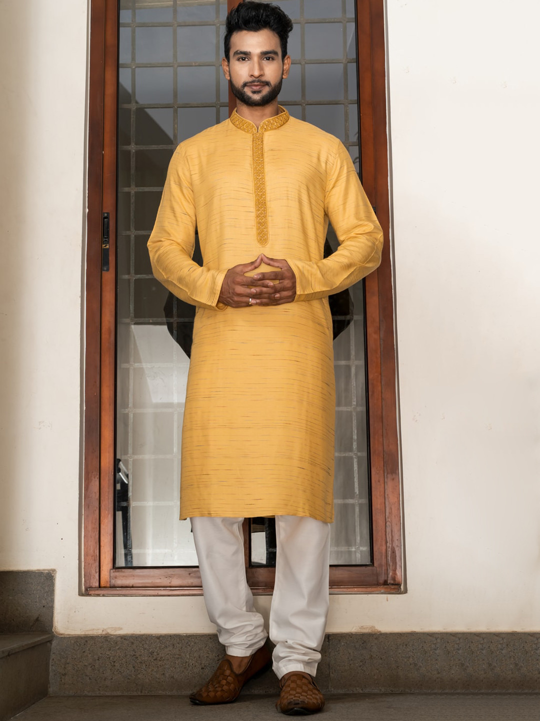 

HU - Handcrafted Uniquely Mandarin Collar Thread Work Straight Kurta, Yellow