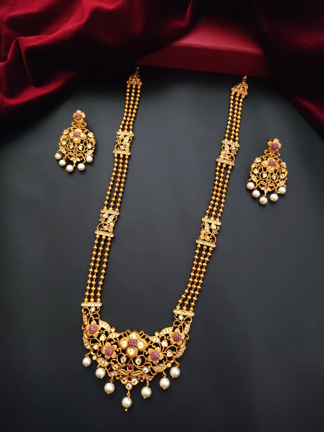

Pihtara Jewels Gold Plated Beads Studded Long Necklace Jewellery Set