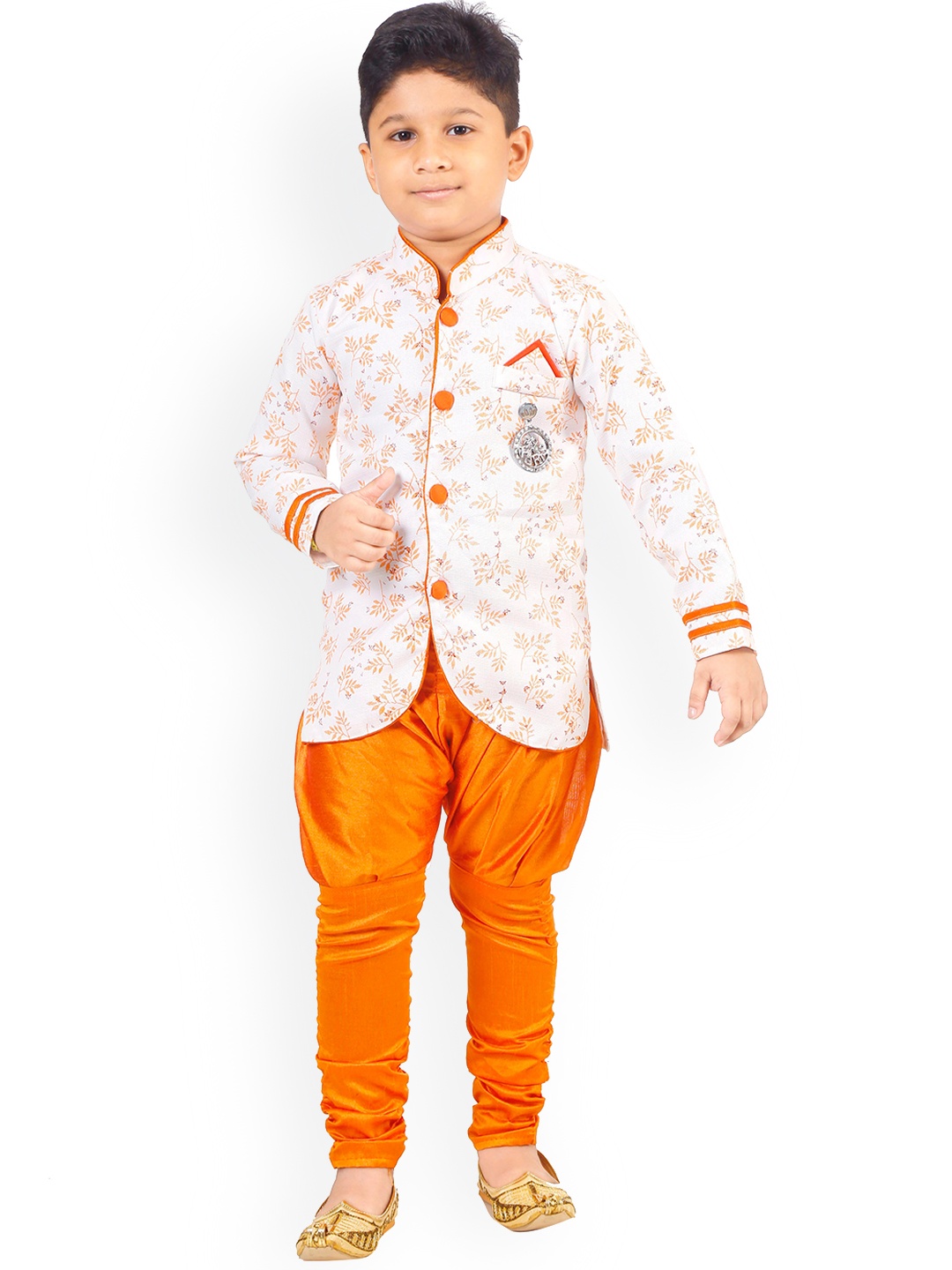 

BAESD Boys Ethnic Motifs Printed Mandarin Collar Sherwani With Jodhpuri Pants, White