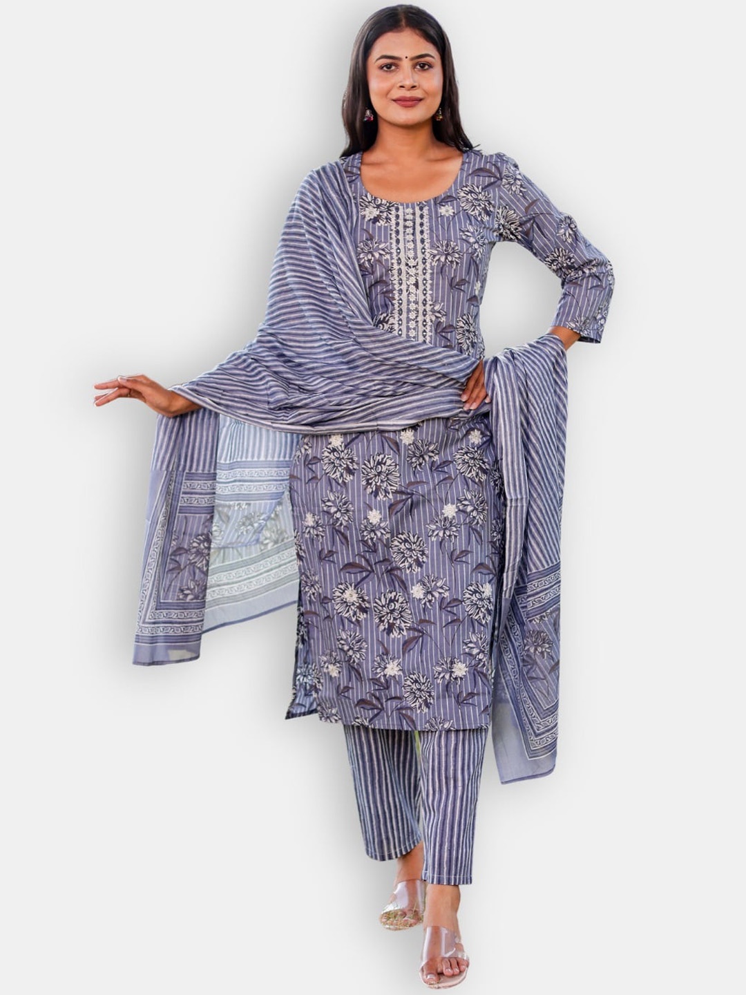 VEDANA Floral Printed Regular Thread Work Pure Cotton Kurta With Trousers & Dupatta, Grey