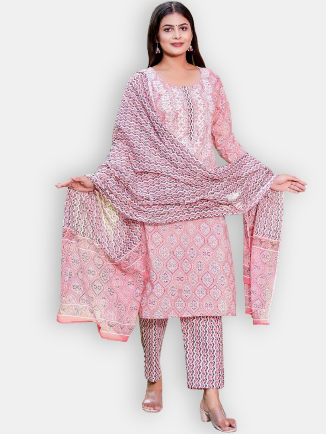 

VEDANA Floral Yoke Design Thread Work Pure Cotton Kurta & Trousers With Dupatta, Pink