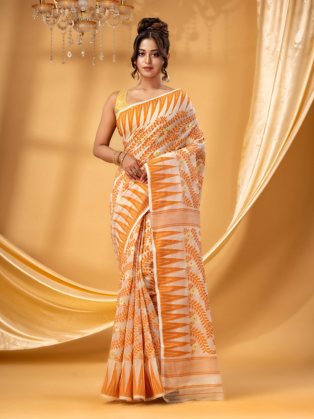 

DESH BIDESH Floral Woven Design Pure Cotton Jamdani Saree, Orange