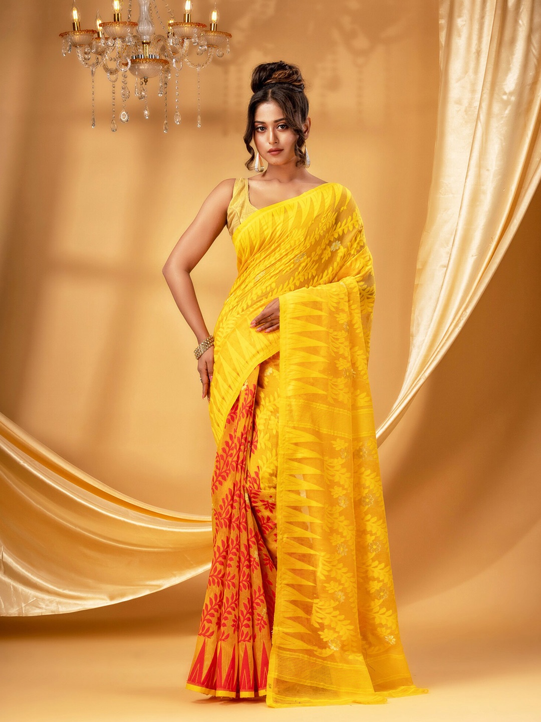 

DESH BIDESH Ethnic Motifs Woven Design Pure Cotton Jamdani Saree, Yellow