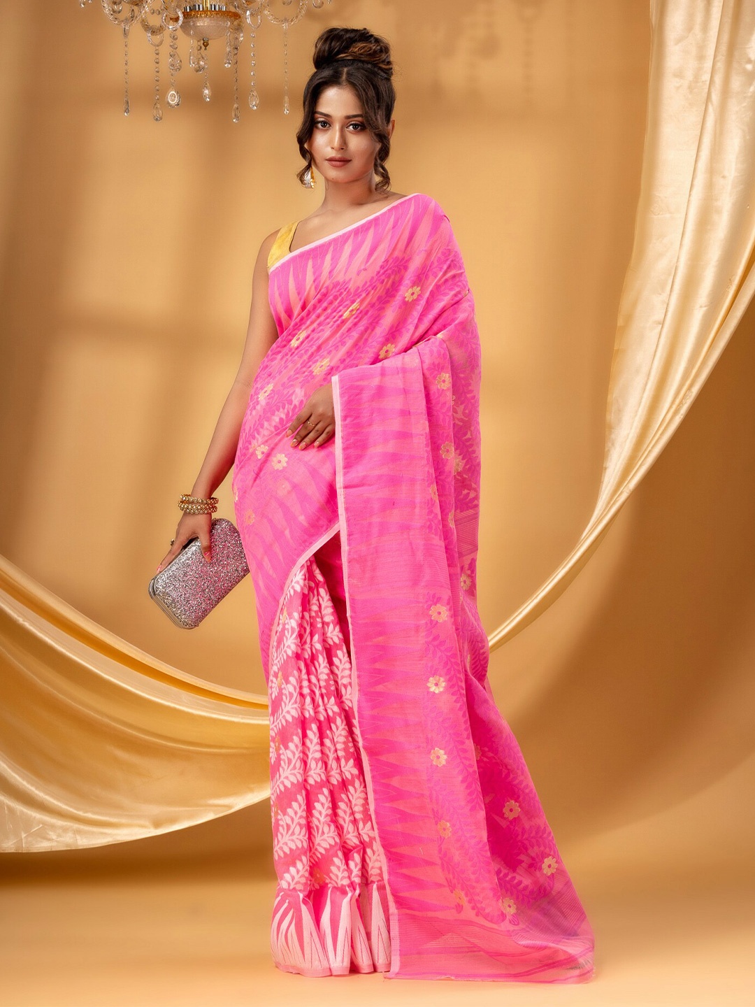 

DESH BIDESH Ethnic Motifs Woven Design Pure Cotton Jamdani Saree, Pink