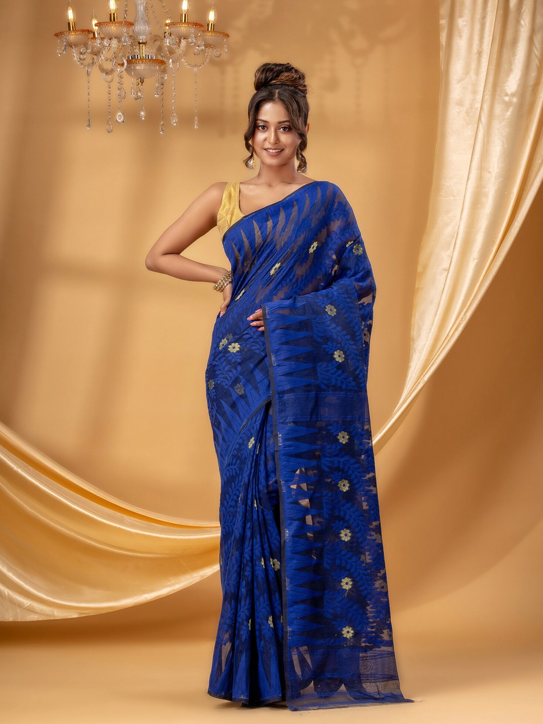 

DESH BIDESH Floral Woven Design Zari Pure Cotton Jamdani Saree, Blue