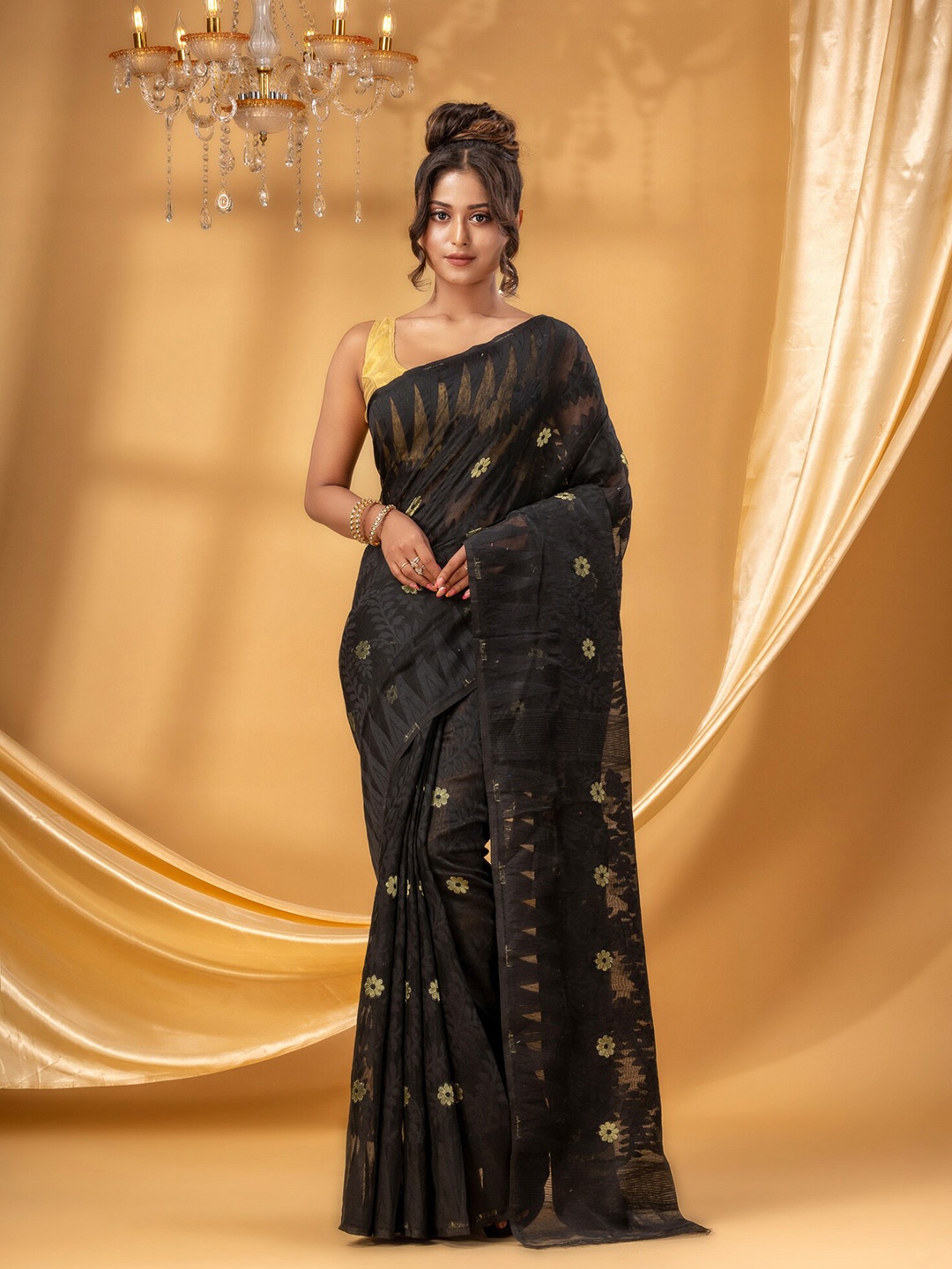

DESH BIDESH Ethnic Motifs Woven Design Pure Cotton Jamdani Saree, Black