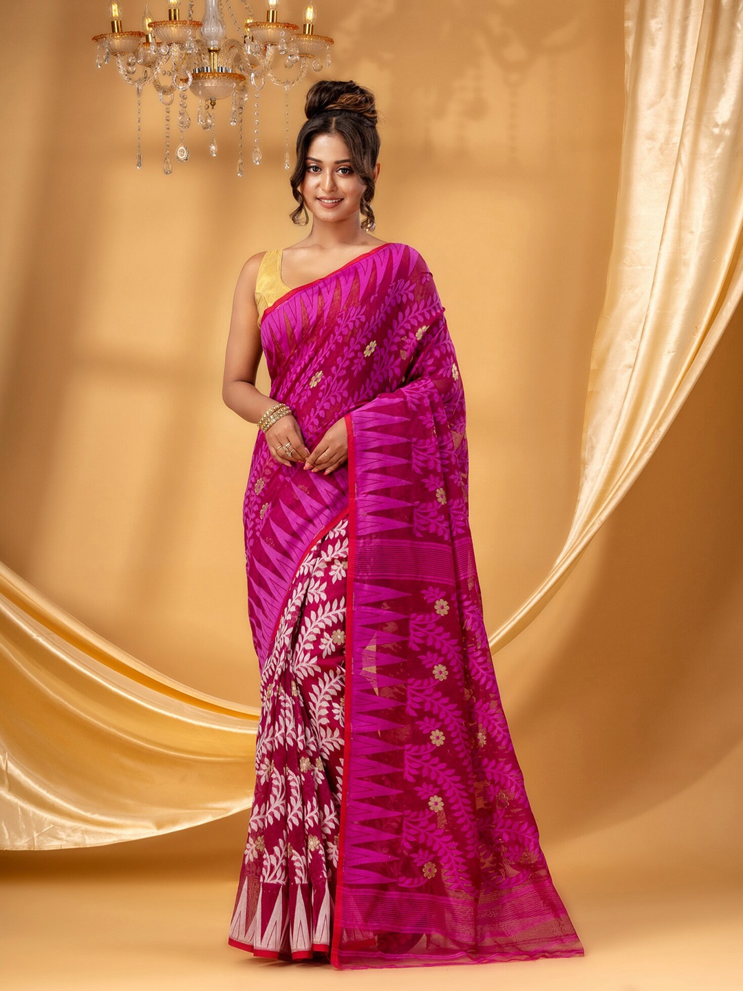 

DESH BIDESH Floral Woven Design Pure Cotton Jamdani Saree, Purple